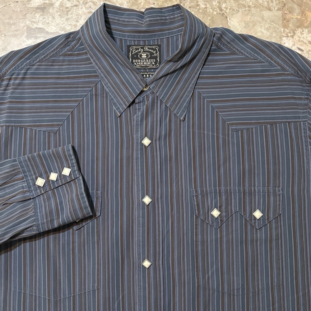 Lucky Brand Pearl Snap Shirt Mens XL Blue Striped Diamond Sawtooth Western